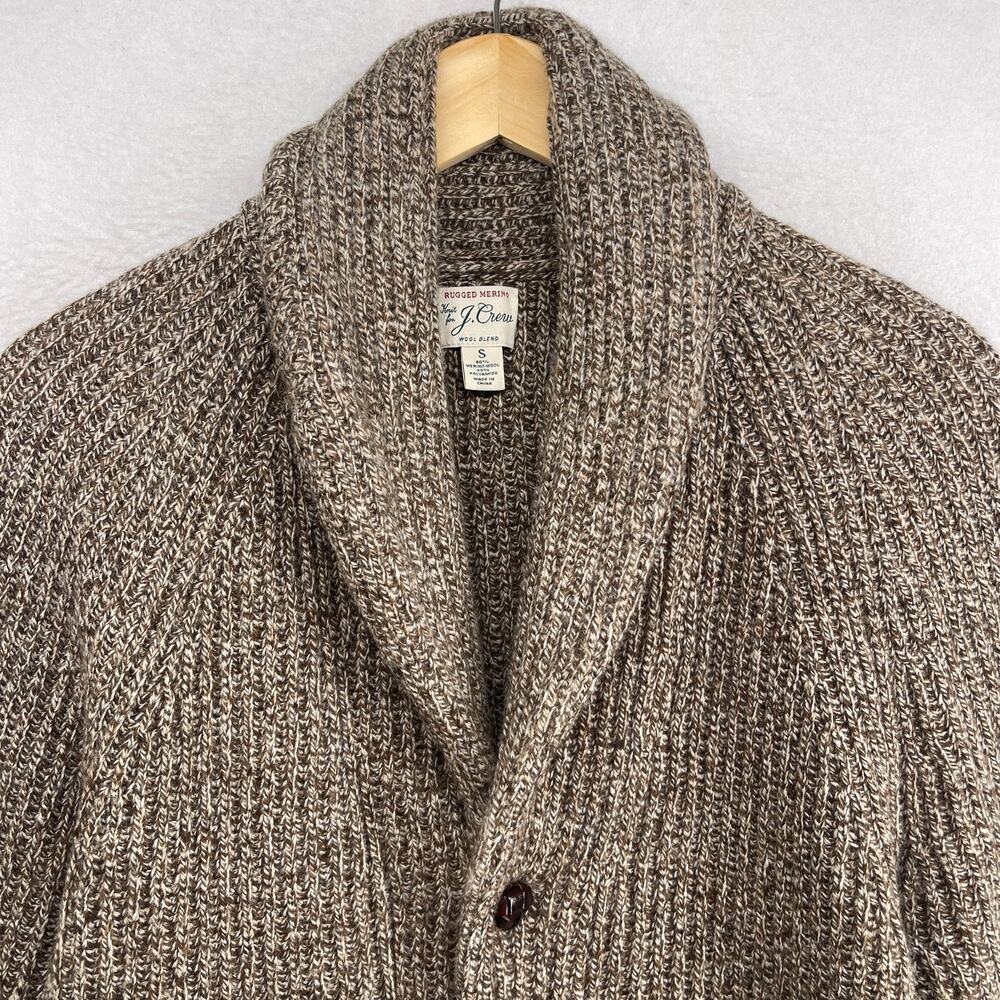 J.CREW Sweater Men S Rugged Merino Wool Blend Cardigan Ribbed Shawl Marled Brown - Picture 4 of 15